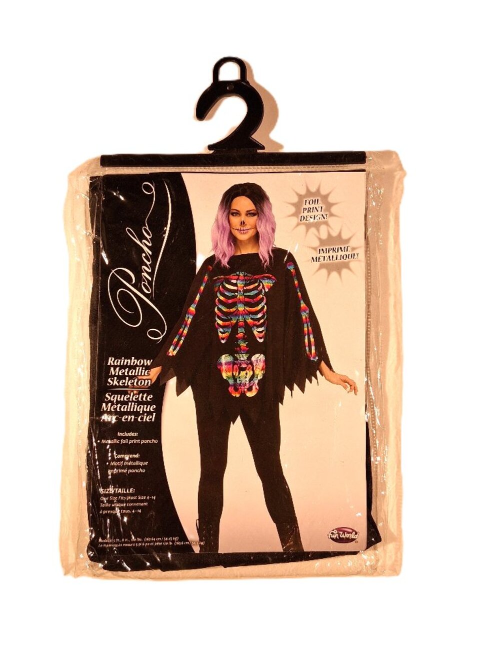 RAINBOW METALLIC SKELETON PONCHO  Halloween Costume  One Sz  4-14 Foil Print NEW